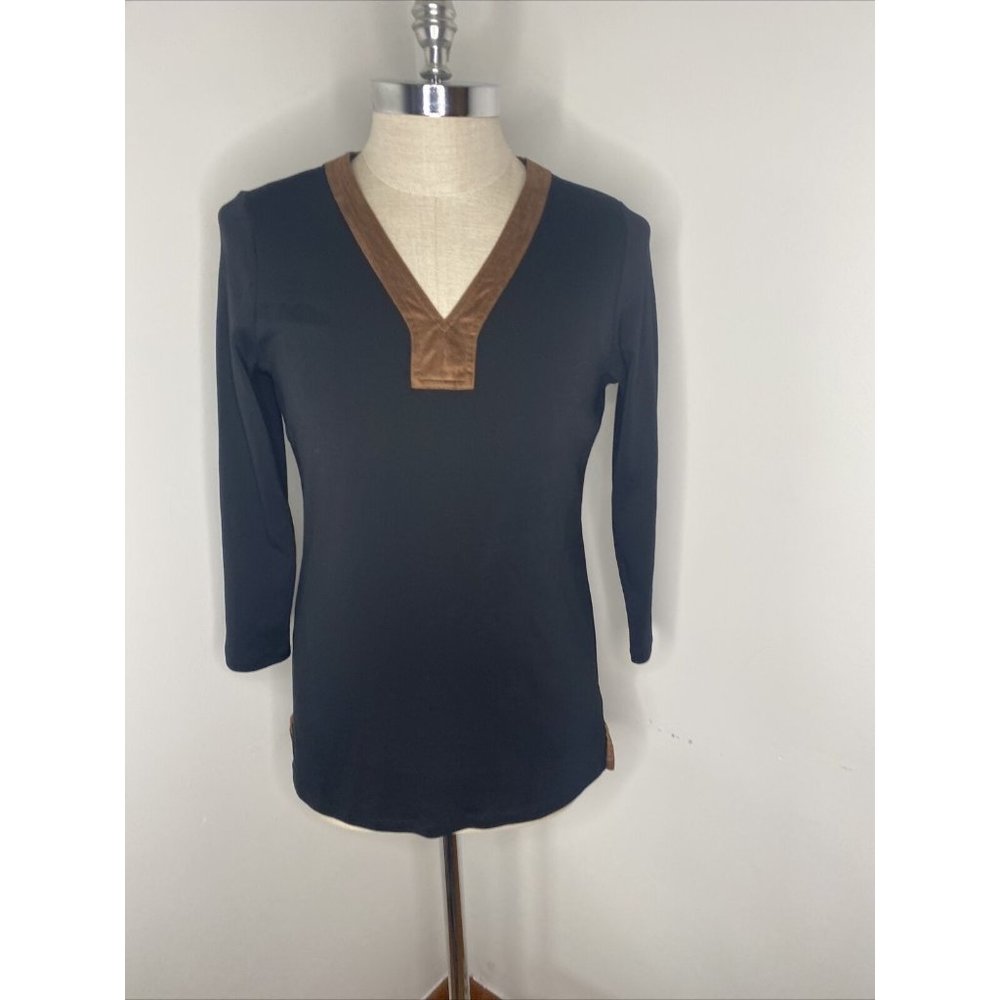 Ralph Lauren Black Tunic Top Womens L Brown Suede Trip SLit Sides Shirt V Neck
